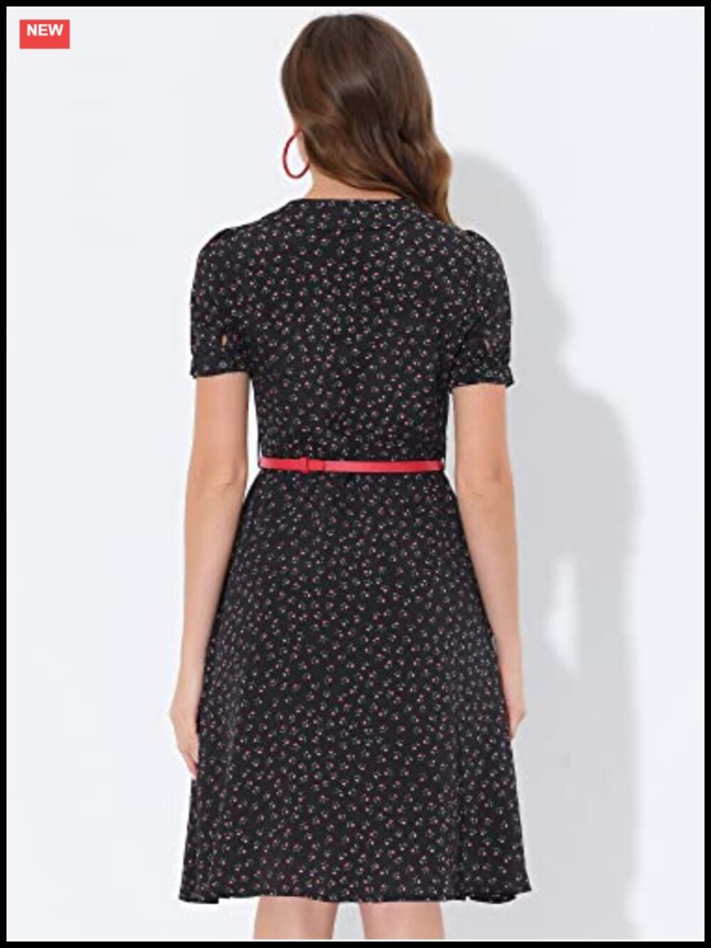 Allegra K Women's Peter Pan Collar Floral Dress with Belt Button Up - Picture 3 of 4